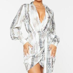 PRETTY LITTLE THING NUDE ABSTRACT PRINT WOVEN PLUNGEE DRAPE SKIRT SHIRT DRESS 14